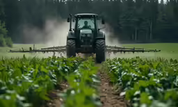 there is a tractor with two rows of grass growing