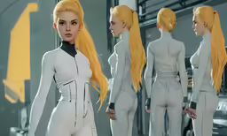 a group of blonde haired women standing in front of each other