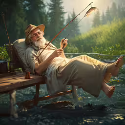 a man in a chair holding two arrows and fishing,old man fishing on the wooden bench by himself