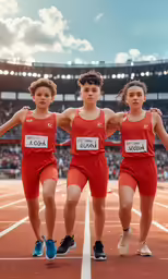 three athletes in red uniforms racing on the same team