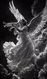 a woman in an angel dress in the sky