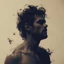 the man is looking into the distance with his shirt off