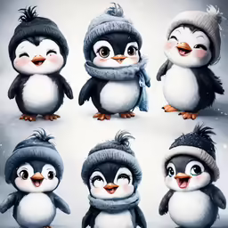 penguinies in different poses with hats and coats