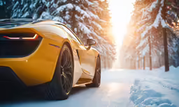 the sun shining behind an orange sports car in the snow