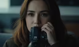 a woman is holding a camera in her hands