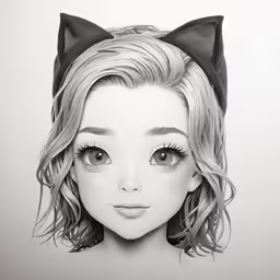 a black and white photo of a girl with cat ears