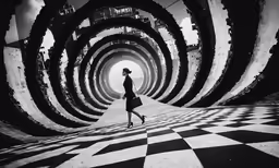 a woman is walking in front of a giant wheel