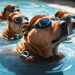 two dogs are swimming in a pool with sunglasses on their head