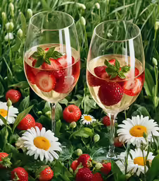 the two wine glasses have strawberries and a strawberry on them