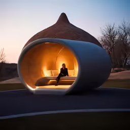 a person sitting on a chair in front of a lit up dome