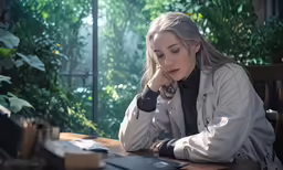 a young woman is sitting at a table with her hands on her chin