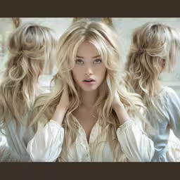 a woman that has blond hair and has long blonde locks,blond haired woman with wavy hair looking at herself in mirror