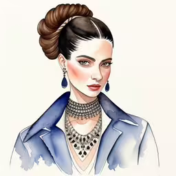 a drawing of a woman with a suit and jewelry