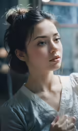 a woman wearing a white dress is holding a finger