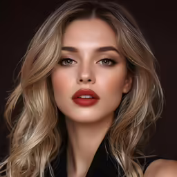 a woman with red lipstick wearing a black shirt
