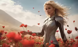 a woman in a silver suit stands in a field full of red flowers