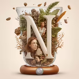 a glass container with leaves and a picture of a woman