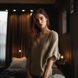 a woman posing for a photo near some lights in a hotel room