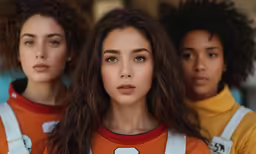 two women with long dark hair are standing in front of a camera