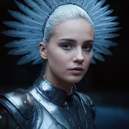 the woman is dressed in a armor with feathers on her head