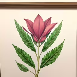 a painting of a pink flower surrounded by green leaves,a painting of a pink flower with green leaves