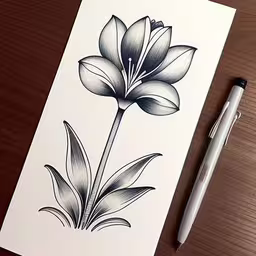 a white card with black and white flowers in the center