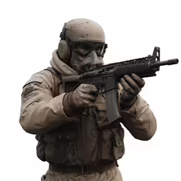 a soldier in full gear aims a rifle
