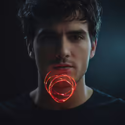 man with glowing orange string art mask staring