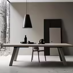 an modern table with two chairs and lamp