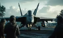 a jet fighter plane parked on a runway as people walk by