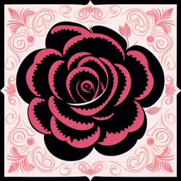 a black and red rose with intricate patterns,a beautiful pink and black rose with a white border,a beautiful red and black flower in the center of an elegant frame,a red rose on black with floral pattern,a large red flower with a black background
