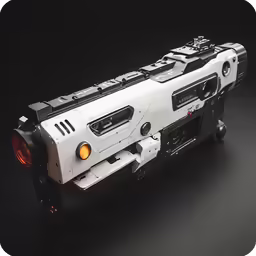 a white weapon is shown on display on a black background
