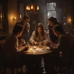 five people gathered at a table in the kitchen to light candles