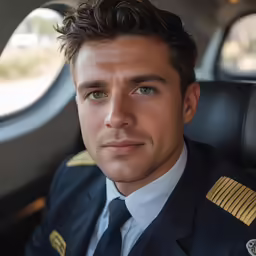 an airplane pilot sitting in the cockpit wearing uniform