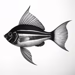 a black and white fish in profile with white background