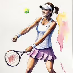 a tennis player is standing and hitting a ball,a painting of a woman holding a tennis racquet,a drawing of a female tennis player is shown,a watercolor painting of a tennis player,a painting of a tennis player with a racket