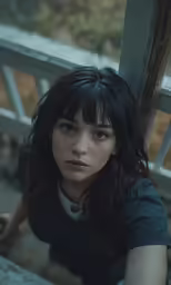 a close up of a person near stairs