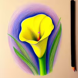 a drawing of a flower in colored pencils,a drawing of a yellow flower next to a black pencil,a yellow flower in colored pencils is shown,a drawing of a yellow flower next to a pencil,a colorful drawing with pencils in it of a yellow flower