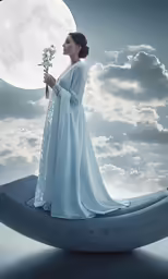 a woman in a white gown holds flowers standing on a rock and looking up at the sky