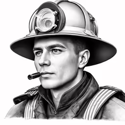 a firefighter with a cigarette in his mouth