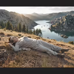 a person in white and tan is laying down