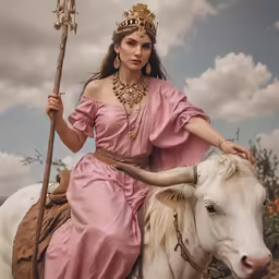 a beautiful woman with a staff sitting on top of a cow