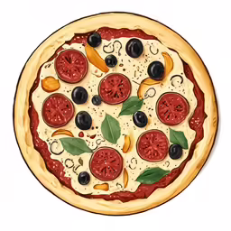 pizza with olives, tomatoes and pepperoni sitting on white background