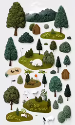 an illustration of various types of trees and animals