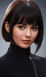a woman with short black hair and bangs