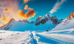 a lone road that leads to the top of snowy mountains