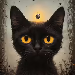 a close up of a cat with an orange eye
