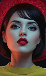 a woman wearing a red hat with blue eyes