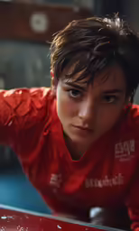 the young boy looks angry as he leans over a counter