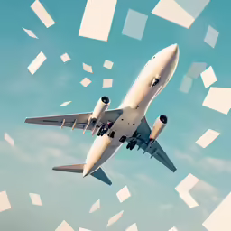 an airplane flying through the air with papers all around it